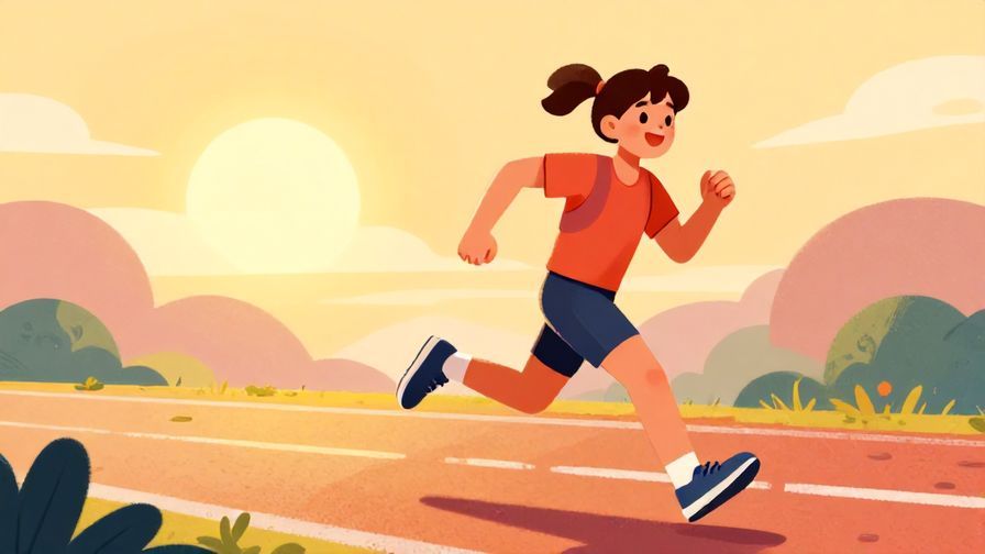 Illustration%20of%20a runner sprinting forward with a bright smile, sunrise background, vibrant warm colors, illustrated style