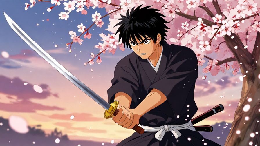 Illustration%20of%20a samurai readying a sword with an intense expression, cherry blossoms swirling around, dusk setting, vibrant colors, illustrated style