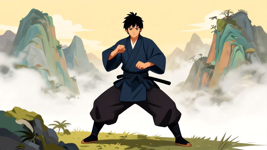 Illustration%20of%20a samurai standing in a defensive stance, calm and focused, surrounded by misty mountains, vibrant colors, illustrated style