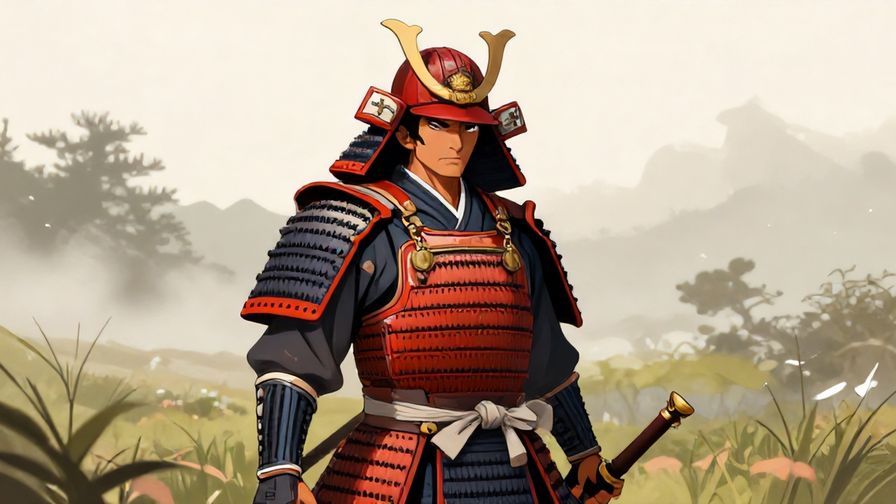 Illustration%20of%20a samurai%20in%20armor%20on%20a%20foggy%20field%2C%20determined%20expression%2C%20vibrant%20colors%2C%20illustrated%20style