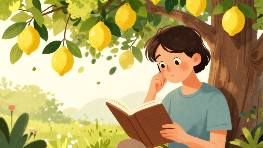 Illustration%20of%20a scholar reading a book under a tree with lemons hanging, thoughtful expression, soft natural background, vibrant colors, illustrated style