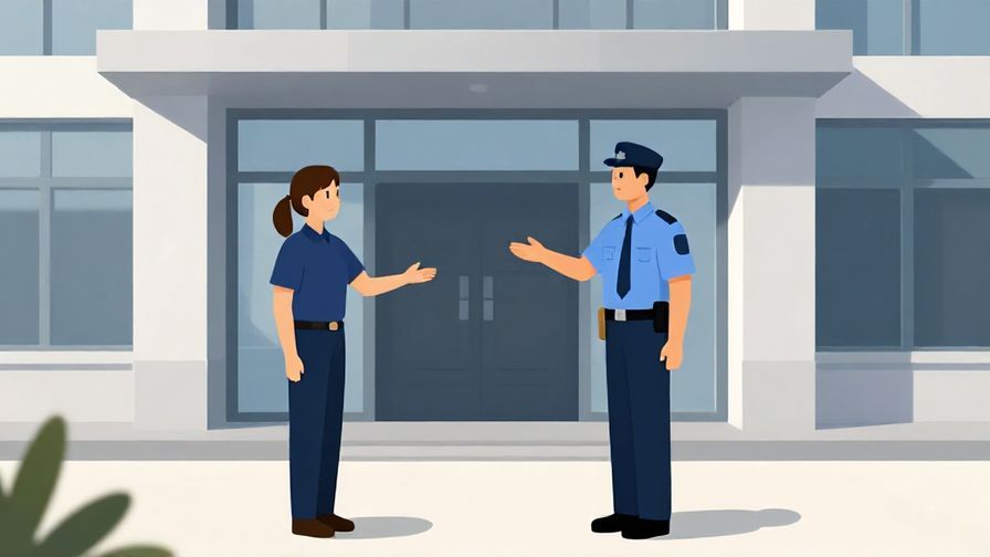 Illustration%20of%20a security guard politely gesturing to proceed, modern building entrance, bright day