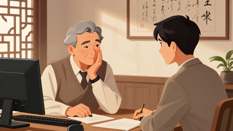 Illustration%20of%20a senior colleague nodding appreciatively to a junior employee in a traditional office setting with wooden decor