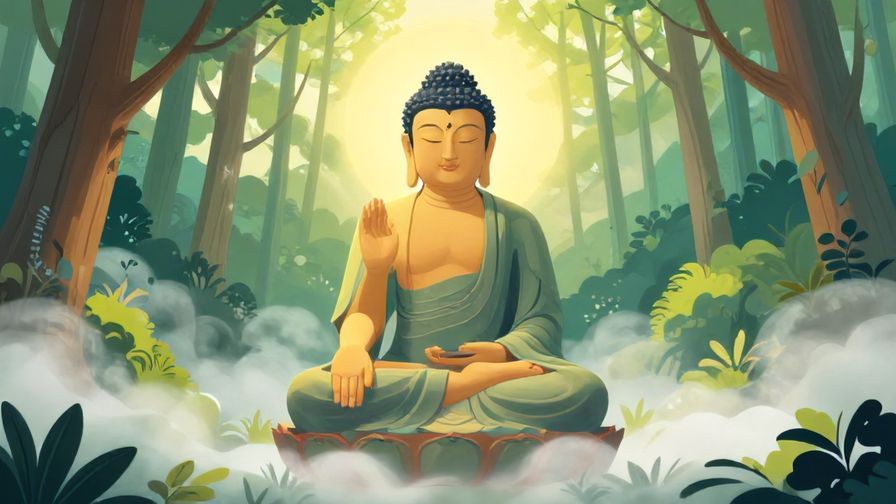 Illustration%20of%20a serene Buddha statue surrounded by soft mist and gentle light, with a peaceful forest background, vibrant colors, illustrated style