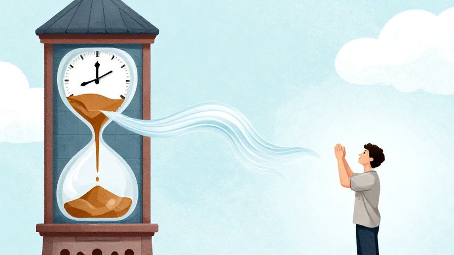 Illustration%20of%20a serene clock tower with flowing sands of time, a person watching peacefully, symbolizing patience and fate, illustrated style