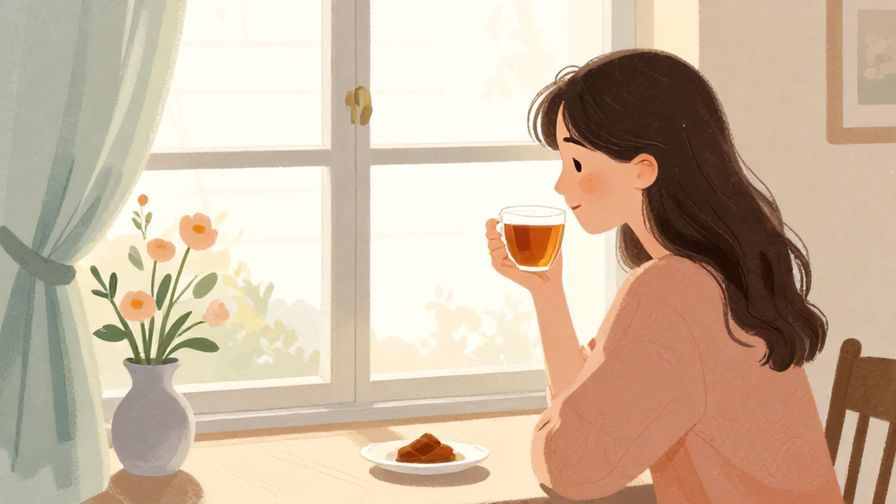 Illustration%20of%20a serene early morning scene with a person sipping tea by a window, elegant colors, illustrated style