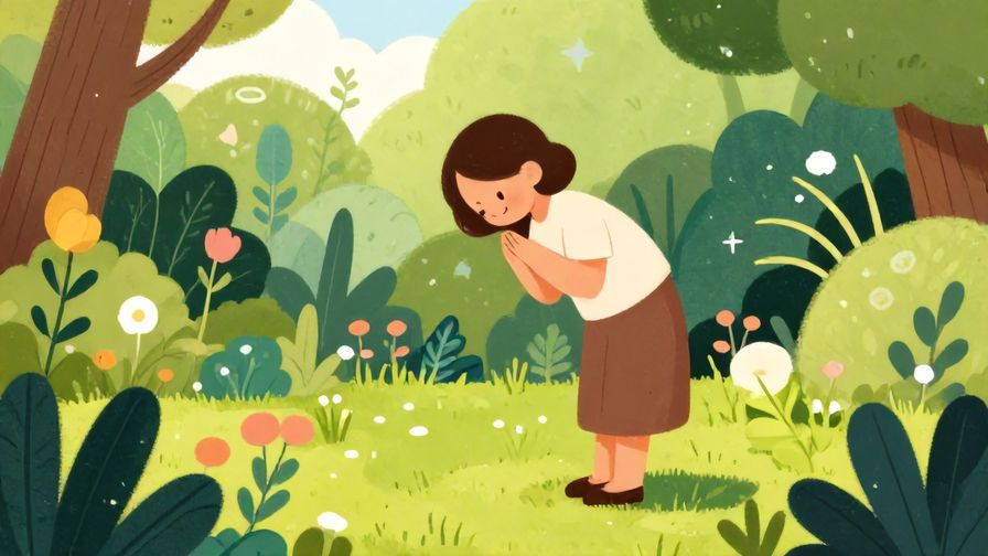 Illustration%20of%20a serene garden scene with a person bowing gently with a peaceful smile%2C%20vibrant%20colors%2C%20illustrated%20style