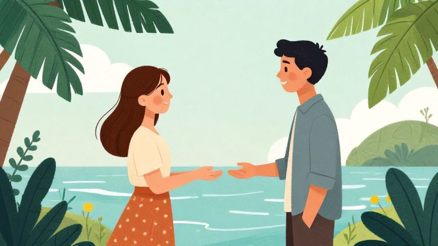 Illustration%20of%20a serene garden with two people exchanging warm smiles, surrounded by palm leaves and gentle waves