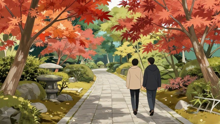 Illustration%20of%20a serene Japanese garden with two people quietly walking apart on stone paths lined with maple trees