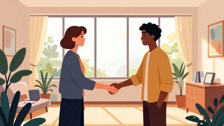 Illustration%20of%20a serene meeting room with two people shaking hands, morning light, detailed interior, vibrant colors, illustrated style