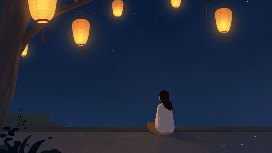 Illustration%20of%20a serene night scene with lanterns glowing softly, a person admiring the sky, elegant atmosphere