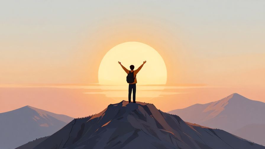 Illustration%20of%20a serene scene where a person stands on a mountain peak watching a sunrise symbolizing victory and new beginnings, warm colors, illustrated style