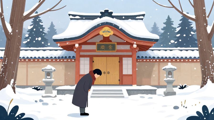 Illustration%20of%20a serene scene with a person bowing politely in front of a winter shrine, soft and respectful colors, illustrated style