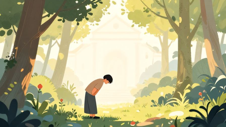 Illustration%20of%20a serene shrine%20with%20a%20person%20bowing%20respectfully%20under%20soft%20sunlight%2C%20peaceful%20ambience%2C%20illustrated%20style