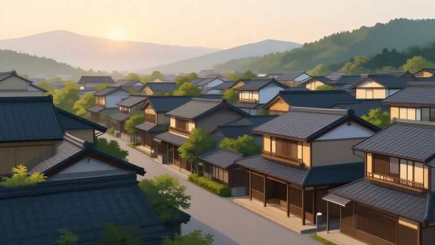Illustration%20of%20a serene sunrise over a traditional Japanese town, calm and respectful atmosphere, soft lighting