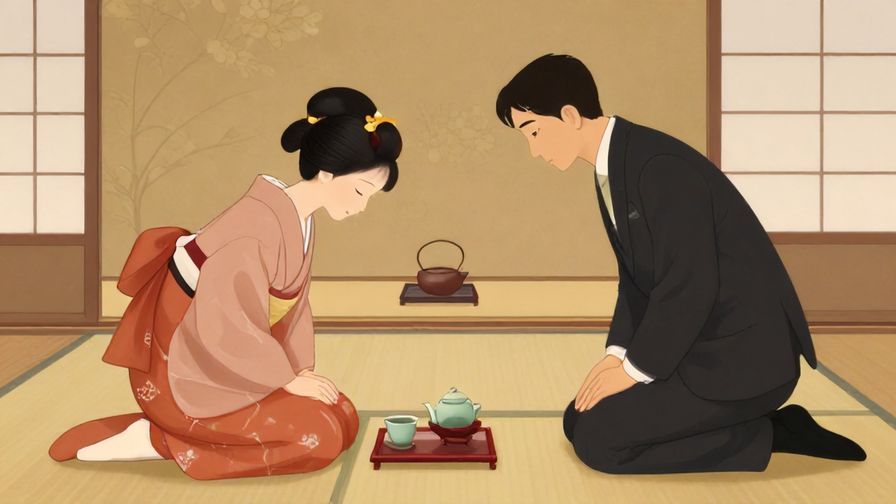 Illustration%20of%20a serene tea ceremony with two formally dressed people exchanging respectful bows in a traditional Japanese room, soft lighting, elegant colors, illustrated style