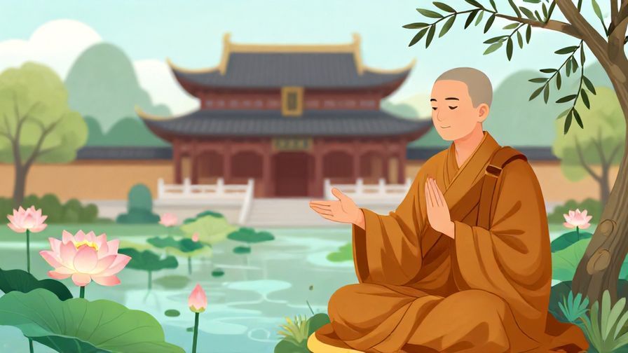 Illustration%20of%20a serene temple garden with a monk gently gesturing for quiet, lotus flowers and olive branches in the background