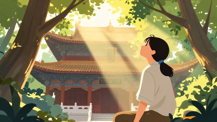 Illustration%20of%20a serene temple scene with sunlight filtering through trees, a person looking contemplative toward the sky, peaceful and reflective mood, detailed background, vibrant colors, illustrated style