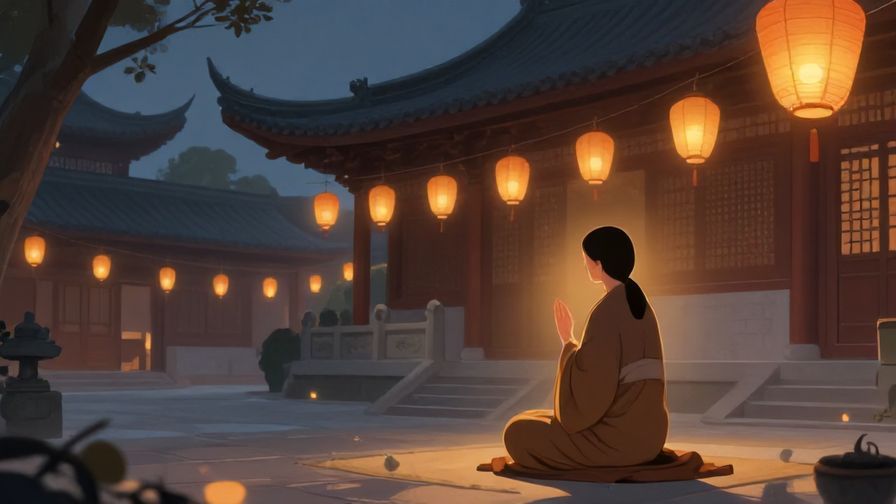 Illustration%20of%20a serene temple scene%20with lanterns%20glowing%20and a person praying peacefully, soft lighting
