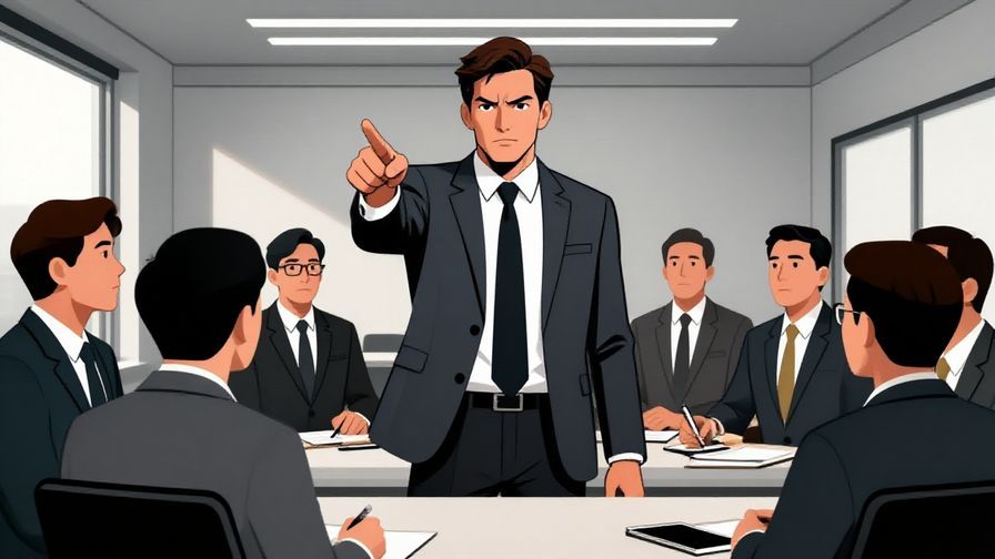 Illustration%20of%20a serious businessperson%20pointing%20firmly%20while%20talking%20to%20a%20group%20in%20an%20office%20setting%2C%20sharp%20lighting%2C%20illustrated%20style