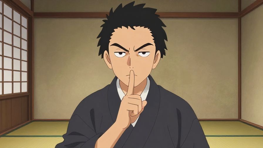 Illustration%20of%20a serious character placing a finger on their lips, signaling silence in a traditional Japanese room