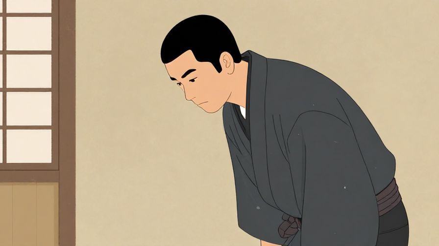 Illustration%20of%20a serious-looking man bowing slightly, traditional Japanese setting, muted colors, illustrated style