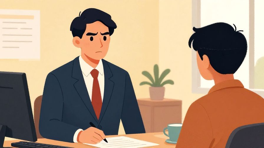 Illustration%20of%20a serious-looking person in a suit addressing another person calmly but firmly, office setting, vibrant colors, illustrated style