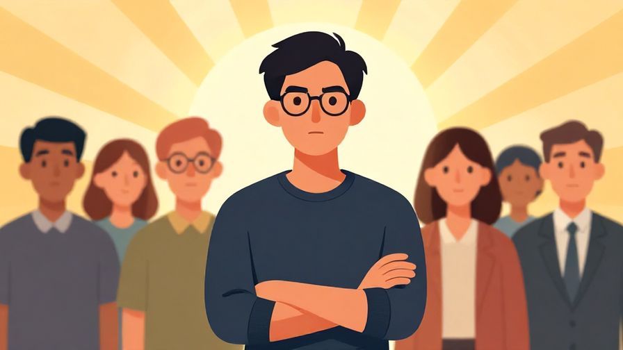 Illustration%20of%20a serious-looking person standing confidently in front of a group, sun rays shining behind, authoritative tone