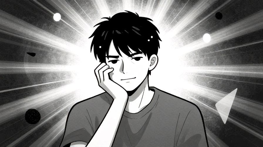 Illustration%20of%20a serious person thinking deeply with a slight smile, surrounded by abstract shapes and light rays, illustrated style