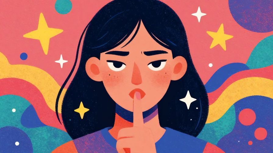Illustration%20of%20a serious person with a finger on their lips, surrounded by stars and abstract shapes, vivid colors, illustrated style