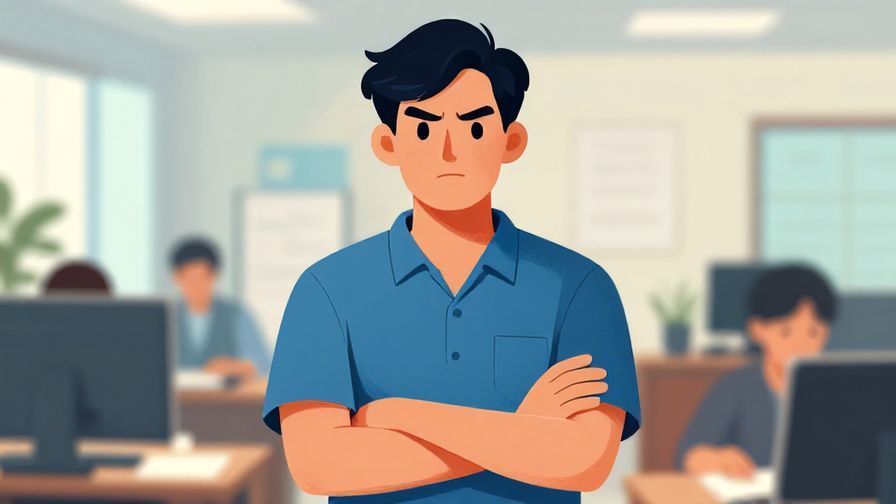 Illustration%20of%20a serious person with crossed arms looking determined, with a blurred background of an office or formal setting, vibrant colors, illustrated style