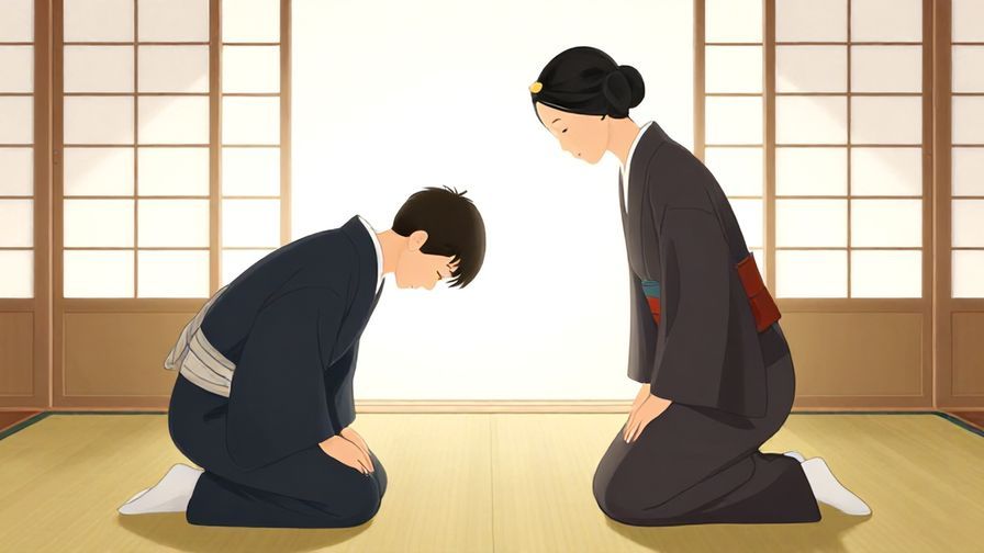 Illustration%20of%20a servant or assistant bowing respectfully, bright traditional Japanese room