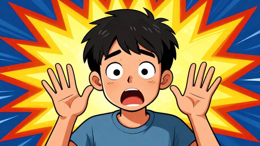 Illustration%20of%20a shocked person with wide eyes and hands raised, comic style explosion background, vibrant colors, illustrated style