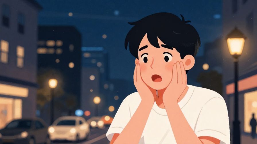 Illustration%20of%20a shocked teenager or young adult, hands on cheeks, exclaiming in surprise, urban nighttime setting, illustrated style