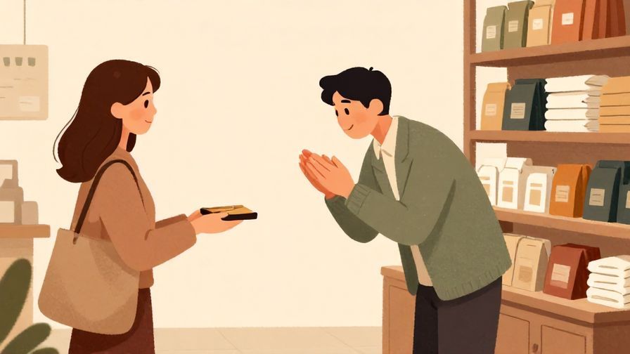 Illustration%20of%20a shopkeeper politely bowing to a customer leaving a store, warm color palette, illustrated style