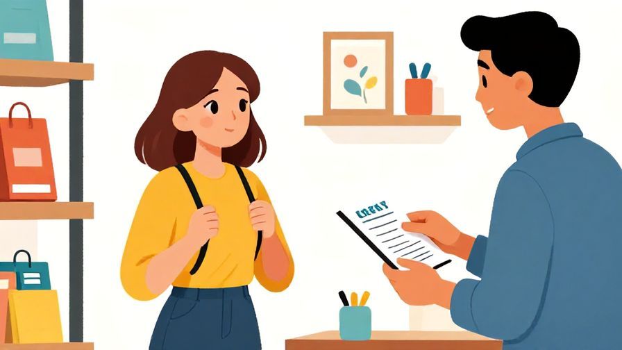 Illustration%20of%20a shopper looking curious and asking a shop assistant if receipts are available, bright colors, illustrated style