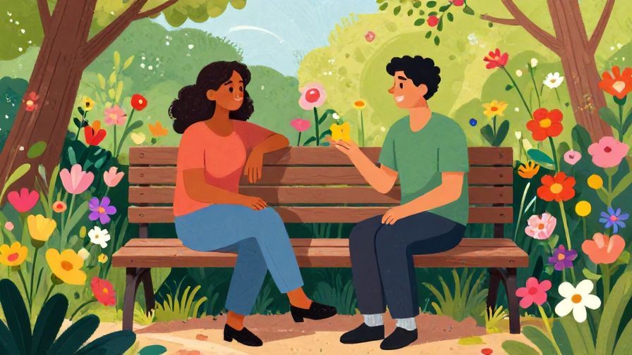 Illustration%20of%20a sincere conversation between two friends sitting on a bench surrounded by blooming flowers, vibrant colors, illustrated style