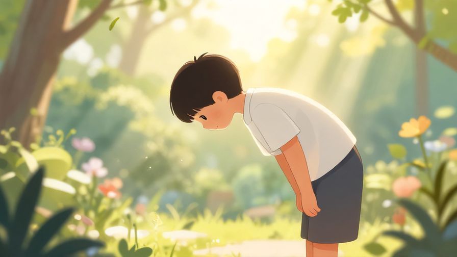 Illustration%20of%20a sincere young person bowing deeply, surrounded by soft rays of light, peaceful garden background