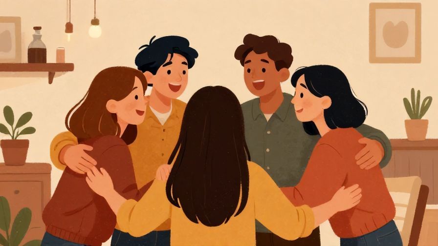 Illustration%20of%20a small group of friends hugging and laughing together, surrounded by cozy indoor lighting and homey details