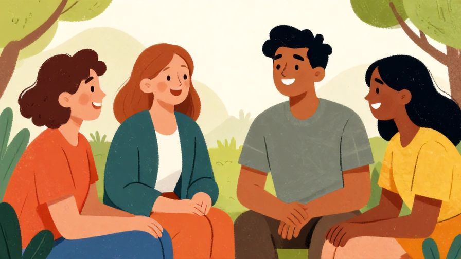 Illustration%20of%20a small group of friends laughing and chatting outside, relaxed atmosphere, vibrant colors, illustrated style