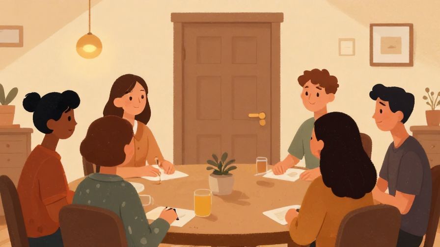 Illustration%20of%20a small group of people talking quietly in a cozy room with a closed door, warm lighting