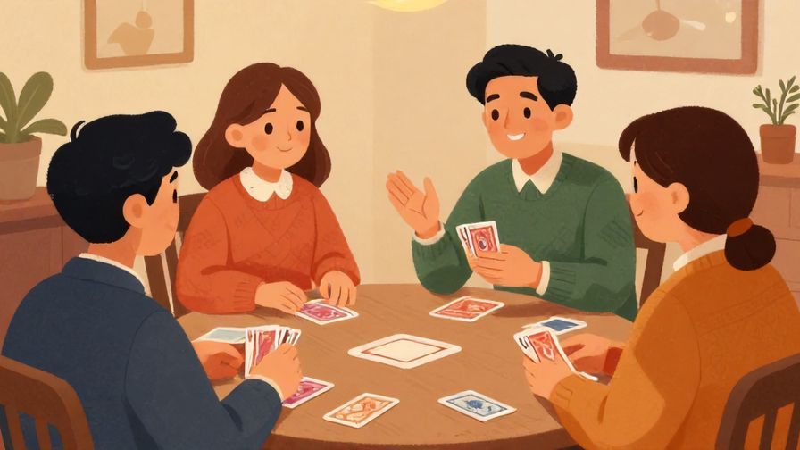 Illustration%20of%20a small group playing cards around a table, one person smiling and gesturing to another, cozy indoor setting