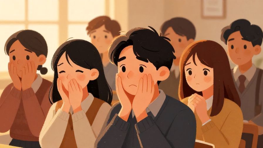 Illustration%20of%20a small group suddenly falling silent with awkward expressions, warm lighting, illustrated style