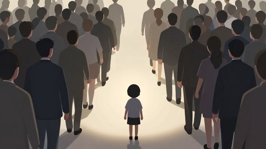 Illustration%20of%20a small person overshadowed%20by%20a%20large%20group%20of%20people%20walking%20together%20in%20sync%2C%20soft%20lighting