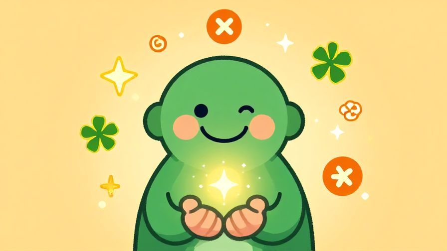 Illustration%20of%20a smiling character holding a small object emitting sparkling light, surrounded by lucky symbols and warm colors