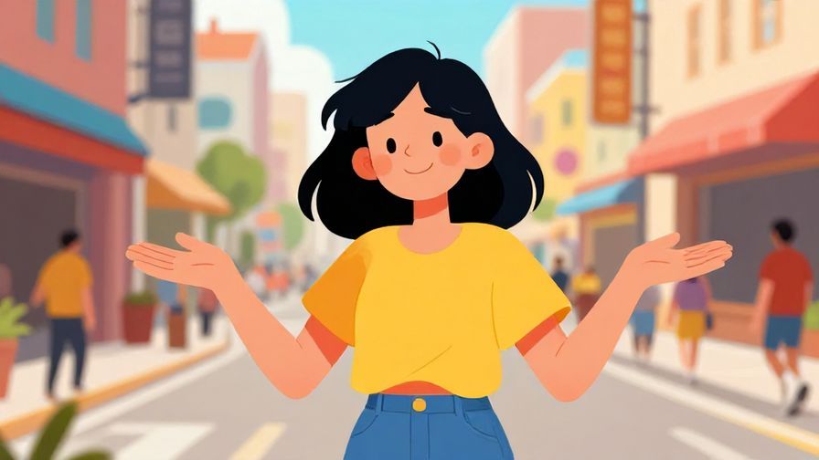 Illustration%20of%20a smiling character shrugging with open arms in a lively city street, casual style, vibrant colors