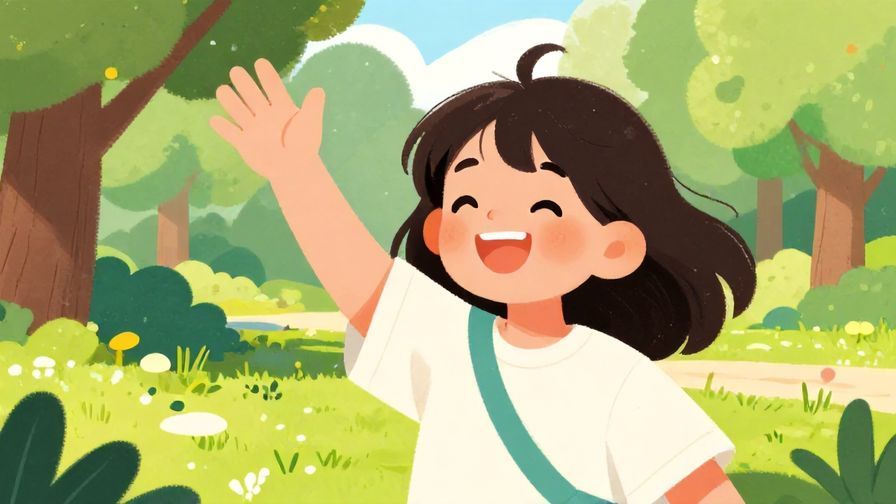 Illustration%20of%20a smiling character waving their hand in a carefree way, bright park background, vibrant colors, illustrated style