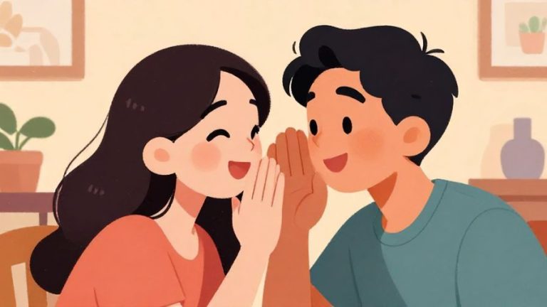 Illustration%20of%20a smiling character whispering to a friend with a finger on their lips in a playful gesture, vibrant background of cozy room with soft light