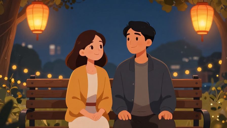 Illustration%20of%20a smiling couple sitting on a bench looking in different directions, surrounded by softly glowing lanterns in evening