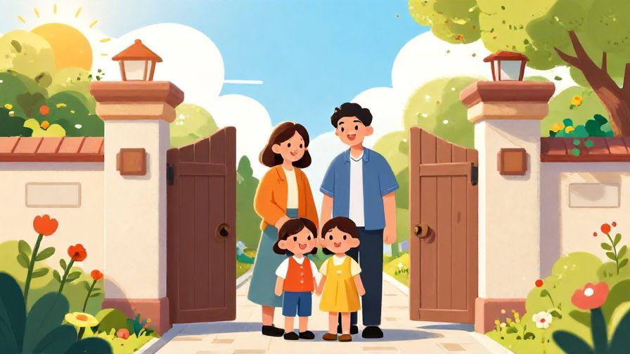Illustration%20of%20a smiling family at their front gate with sunlight and flowers around, symbolizing happiness bringing good fortune, vibrant colors, illustrated style